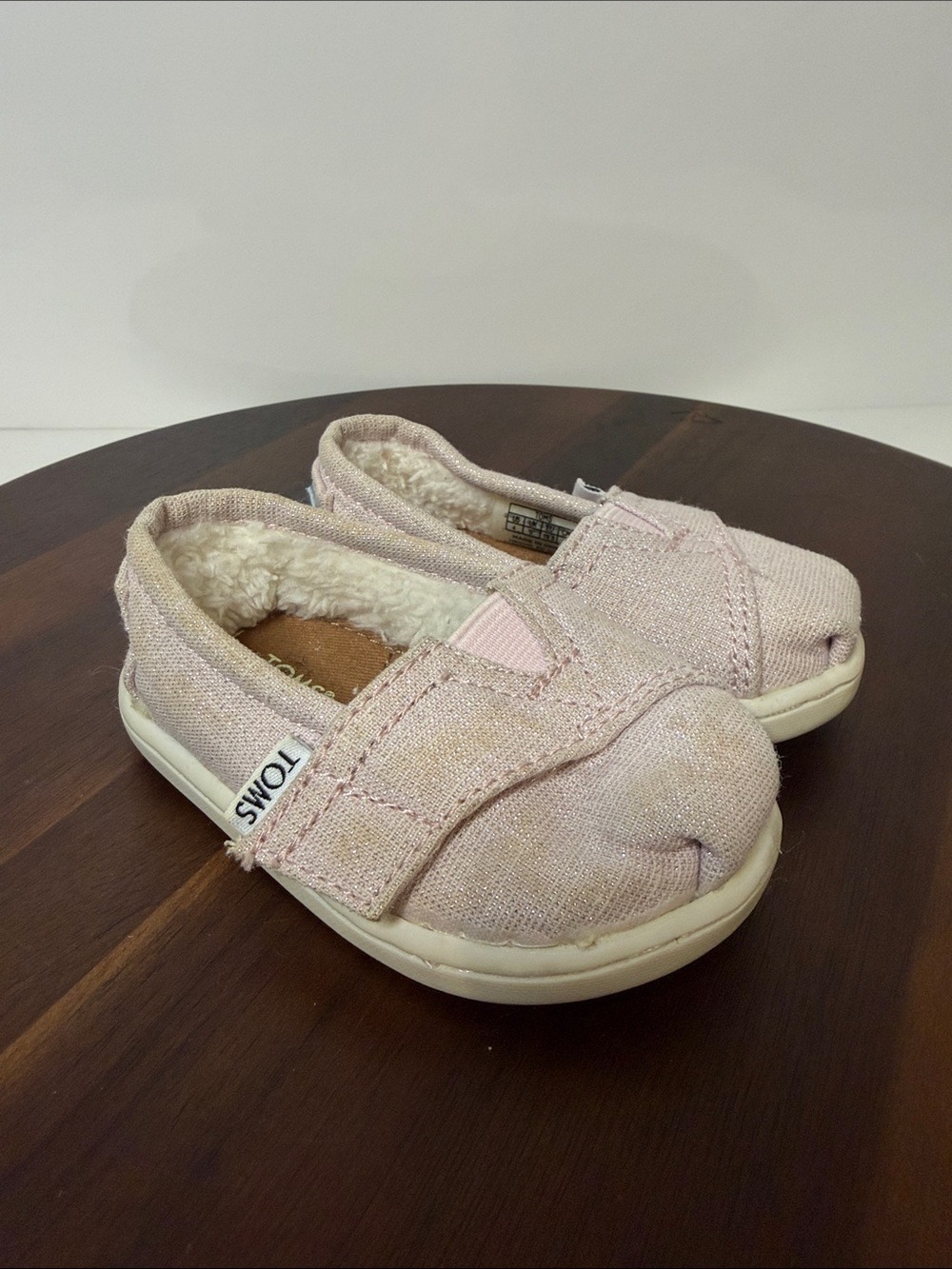 TOMS Pink Sparkle Slip-On Shoes – Toddler Size 4 – Glitter with Faux Fur Lining